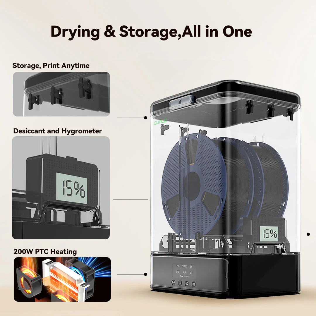 [SUNLU FilaDryer SP2, essiccatore di filamenti 2 in 1 con scatola di immagazzinamento, asciugatura fino a 70℃ (158°F) e immagazzinamento senza soluzione di continuità, compatibile con bobine di dimensioni 1kg×2 o 2kg×1 o 3kg×1 - Image 7